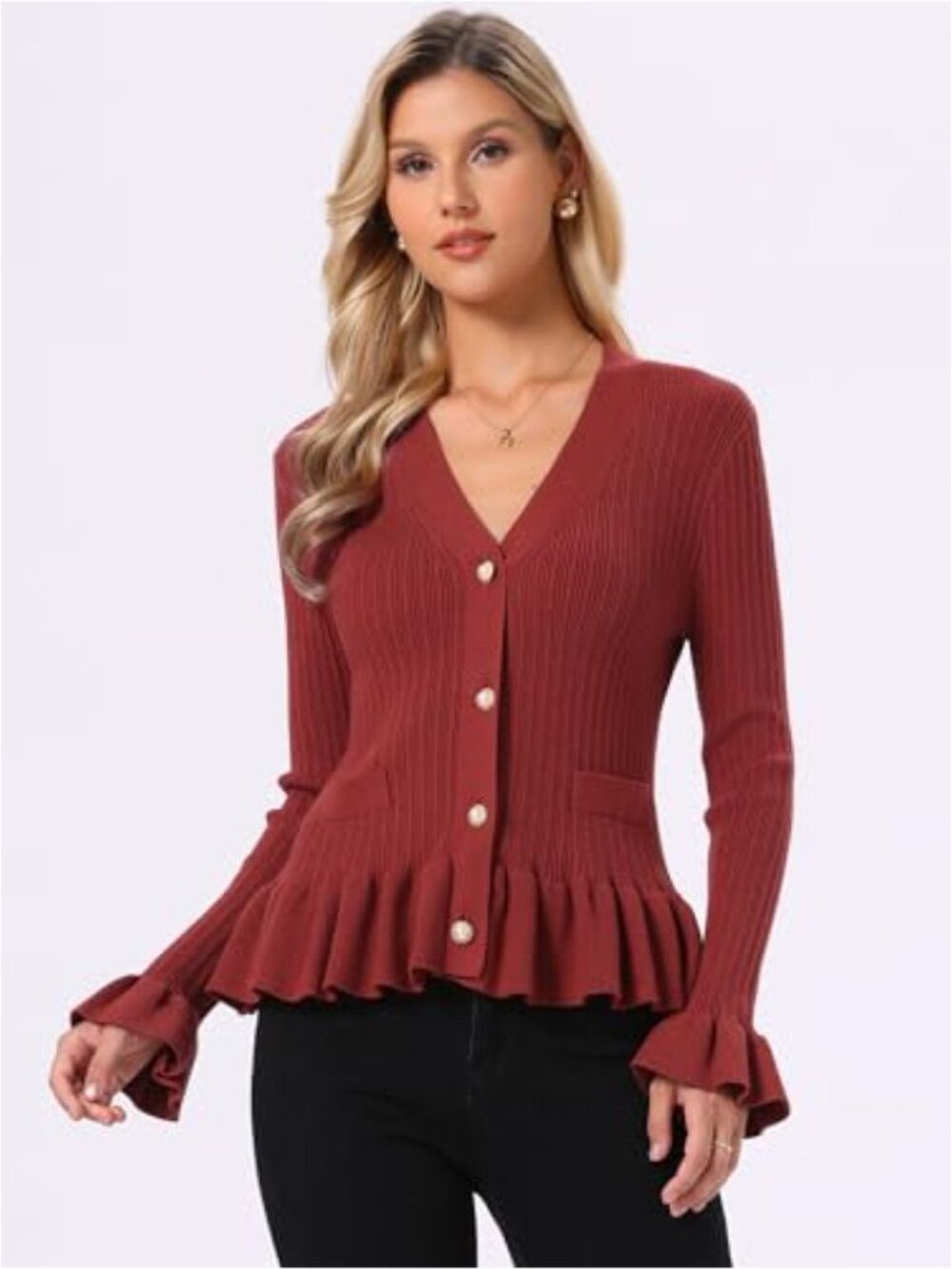 V Neck Ruffle Hem Long Sleeve Cardigan Sweater Pearl Buttons - Picture 3 of 6